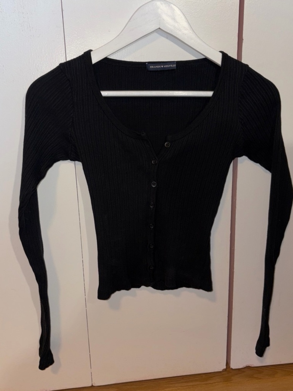 Brandy Melville Black Ribbed Button-Up Slim Long Sleeve Top